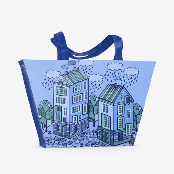 Пляжная сумка «Милые домики на голубом фоне»