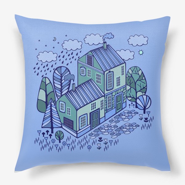 Подушка «Милый домик на голубом фоне»