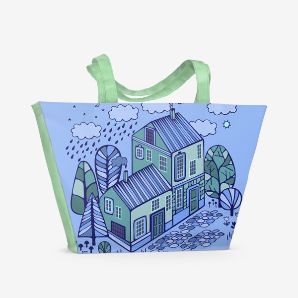 Пляжная сумка «Милый домик на голубом фоне»