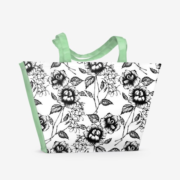 Пляжная сумка «Бесшовный паттерн, стилизованные цветы в черно белом цвете»