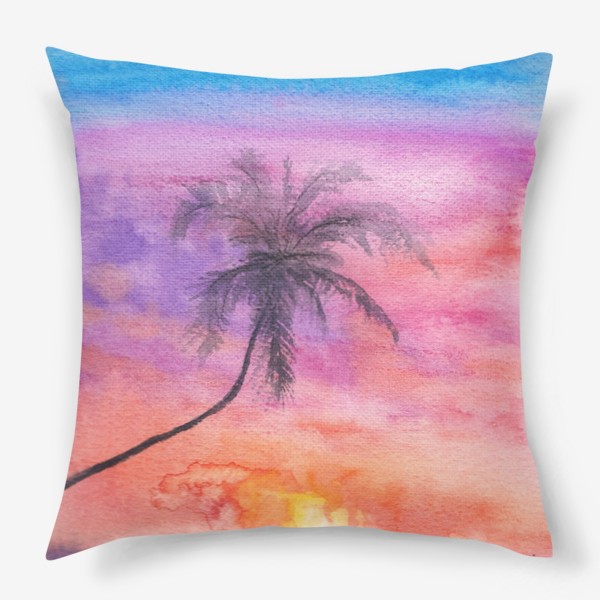 Подушка «Закат на океане. Пейзаж, пальма, море, пляж, небо»