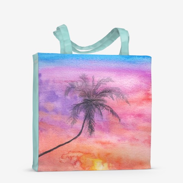 Сумка-шоппер «Закат на океане. Пейзаж, пальма, море, пляж, небо»
