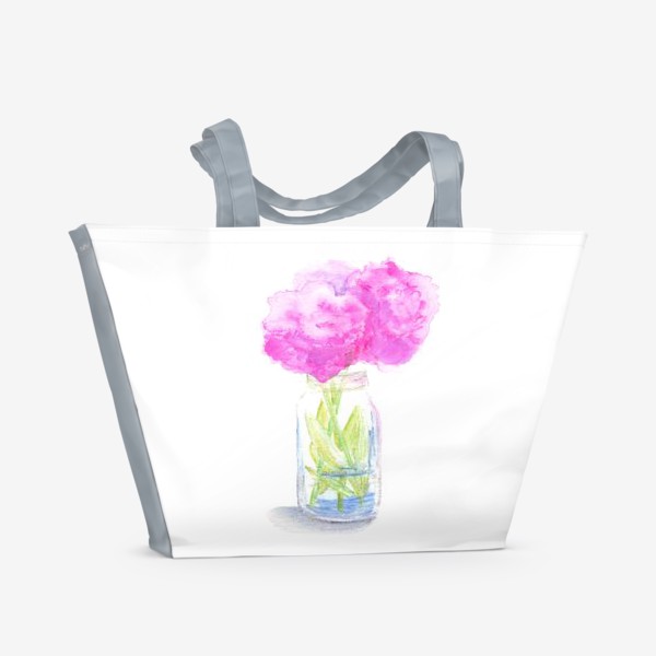 Пляжная сумка «Пионы в банке. Букет розовых цветов, летний акварельный абстрактный принт на белом фоне»