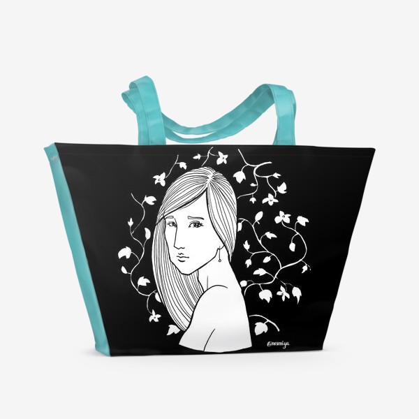 Пляжная сумка «Девушка в цветах, черное»