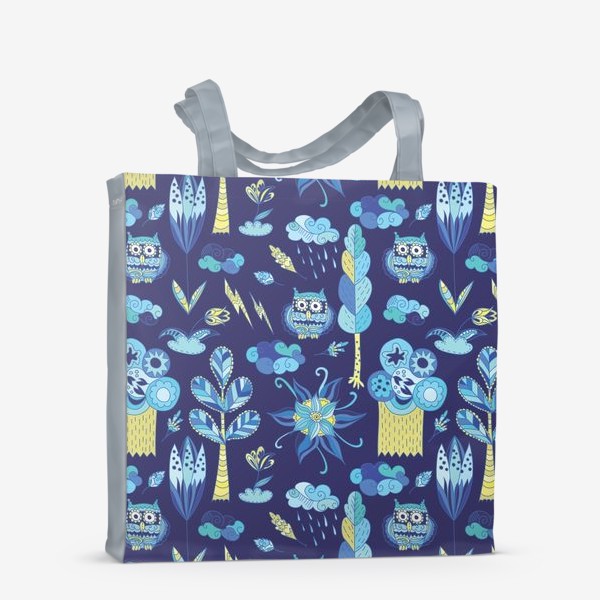 Сумка-шоппер «Синий весенний паттерн с лесом, облаками и совами»