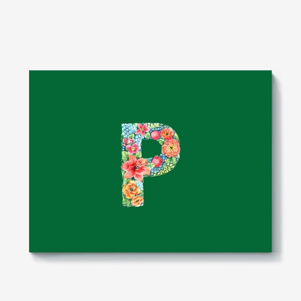 Холст «Цветочный алфавит. Буква P на зеленом фоне»