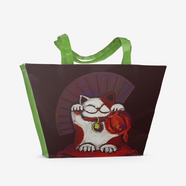 Пляжная сумка «Манеки неко (Maneki neko) с красным фонариком и веером»