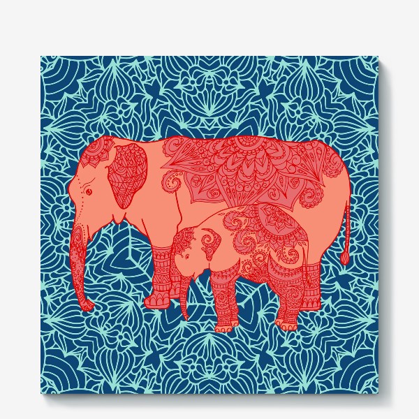 Холст «Индийский слон и слоненок»