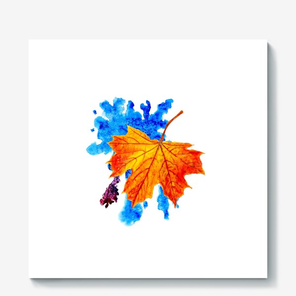 Холст «Осенний лист клена на акварельной синей кляксе»
