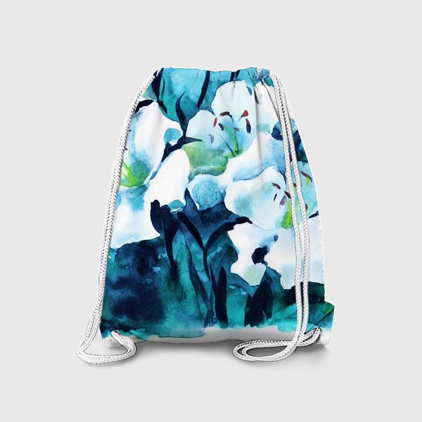 Рюкзак «Акварельные лили, красивые цветы, ночь, сине-зеленые тона»