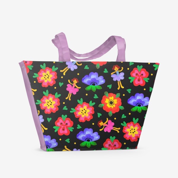 Пляжная сумка «Яркий паттерн цветы и феи. Детские обои.»