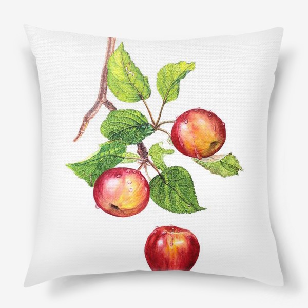Подушка &laquo;Фрукты, красные яблоки на ветке. Ботаническая иллюстрация&raquo;