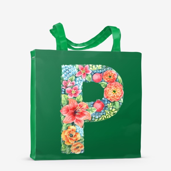 Сумка-шоппер «Цветочный алфавит. Буква P на зеленом фоне»