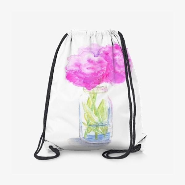 Рюкзак «Пионы в банке. Букет розовых цветов, летний акварельный абстрактный принт на белом фоне»