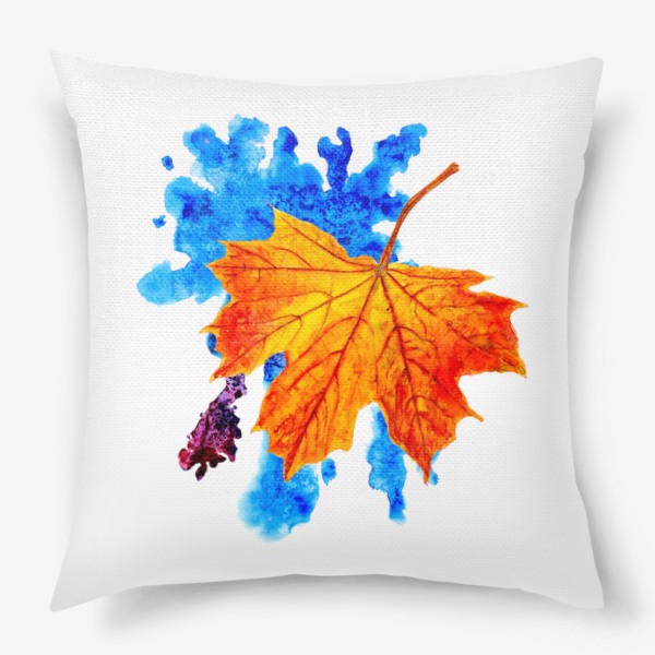Подушка «Осенний лист клена на акварельной синей кляксе»