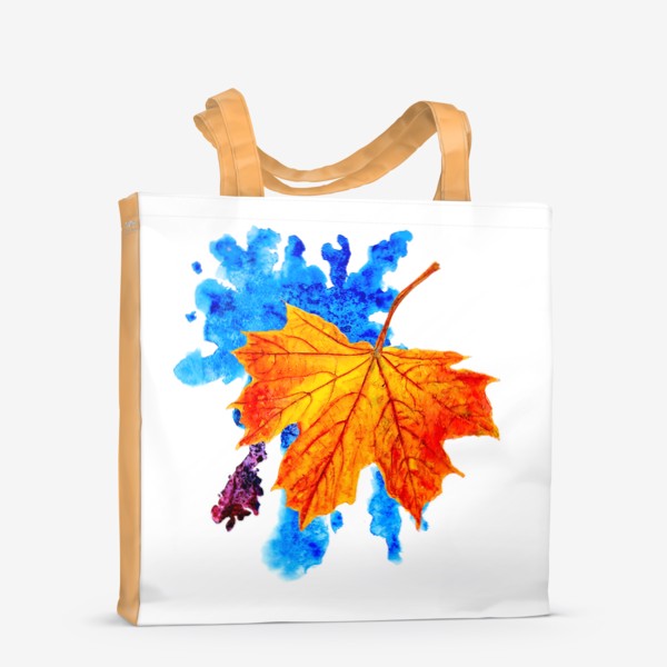 Сумка-шоппер «Осенний лист клена на акварельной синей кляксе»