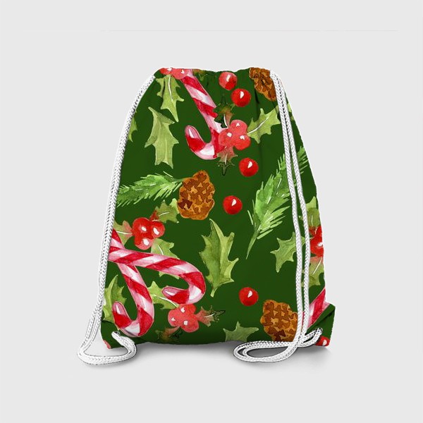 Рюкзак «Рождественские леденцы, ветки и шишки на зеленом фоне.»