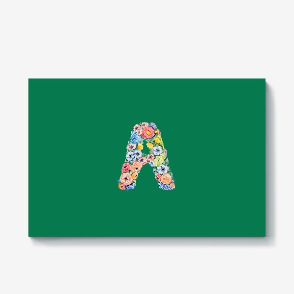 Холст «Цветочный алфавит. Буква А на зеленом фоне»