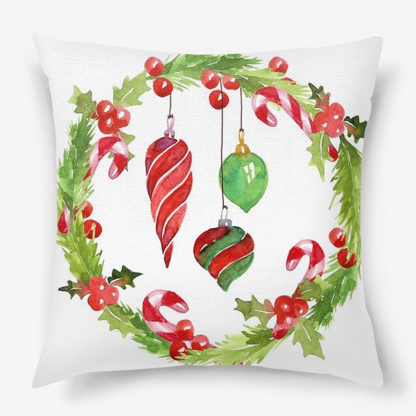Подушка «Рождественский венок с шарами и конфетами »