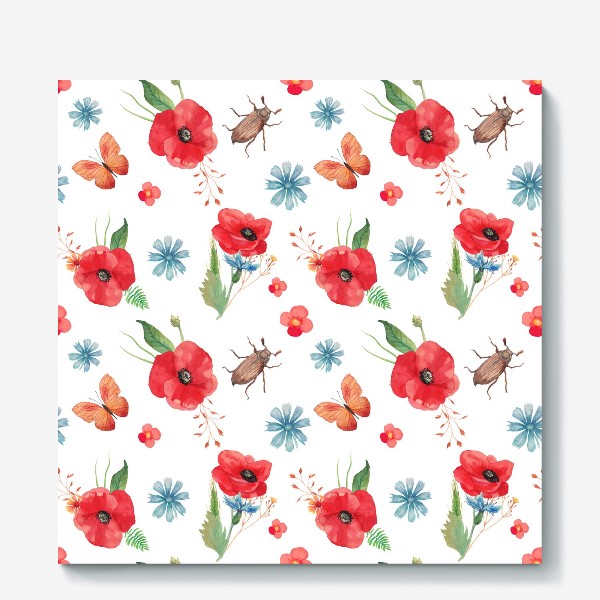Холст «Летний паттерн. Полевые цветы, майский жук и бабочка»