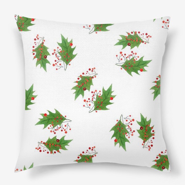 Подушка «Рождественский паттерн с листьями и ягодами остролиста»