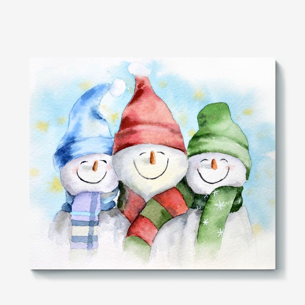 Холст «Акварель новогодняя Веселые снеговики»