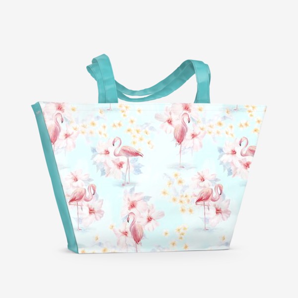 Пляжная сумка «Фламинго в тропических цветах»