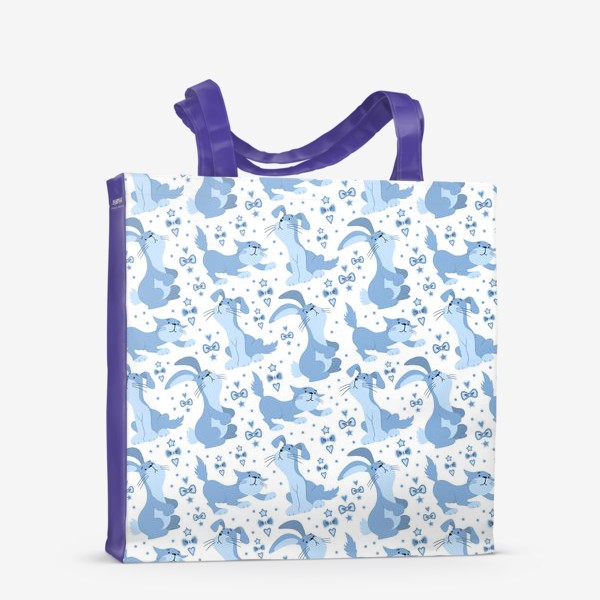 Сумка-шоппер «Детский голубой паттерн с кроликами, собачками и котятами»
