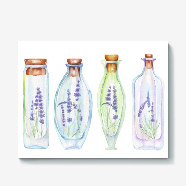 Холст «Акварельные бутылочки с лавандой»