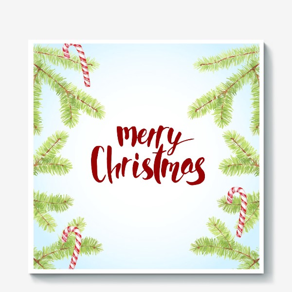 Холст «Надпись Merry Christmas на голубом воне с еловыми ветками по краю.»