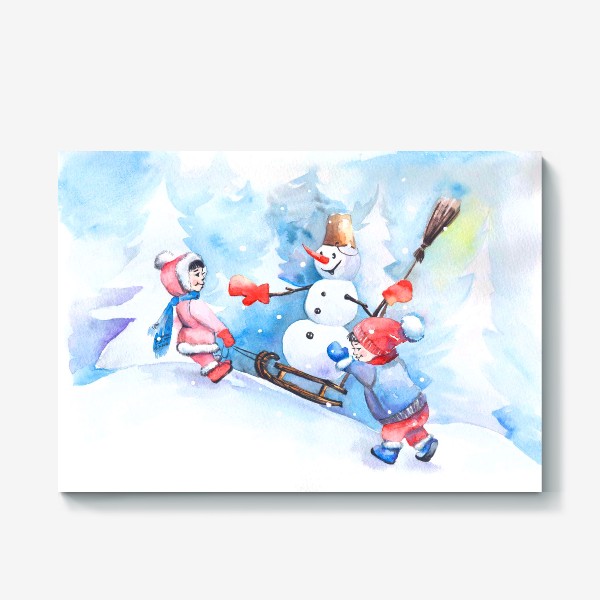 Холст «Зимняя сказка! дети катают снеговика на санях.»