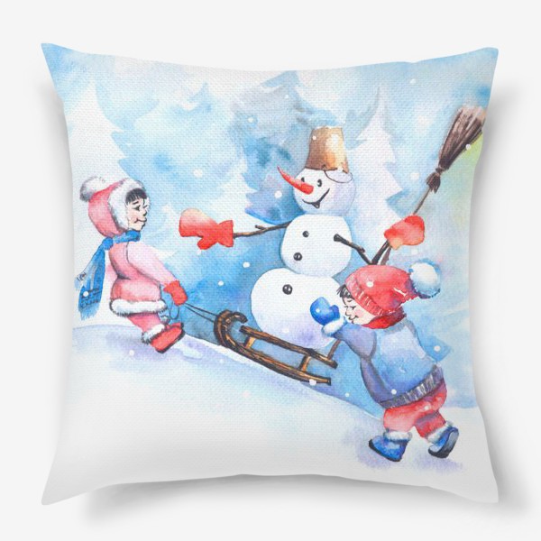 Подушка «Зимняя сказка! дети катают снеговика на санях.»