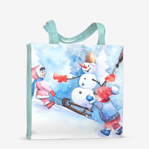 Сумка-шоппер «Зимняя сказка! дети катают снеговика на санях.»