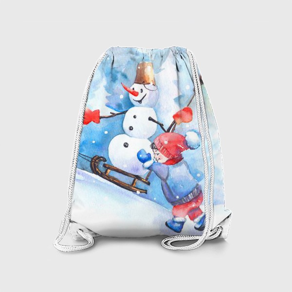 Рюкзак «Зимняя сказка! дети катают снеговика на санях.»