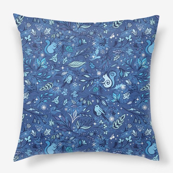 Подушка «Волшебный зимний лес на синем фоне»