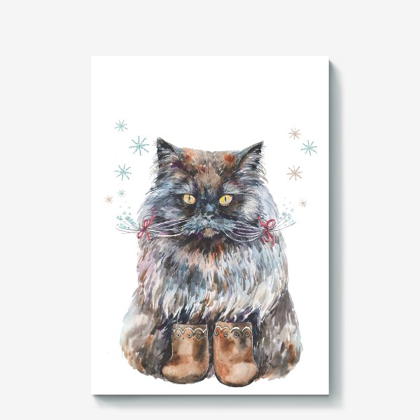 Холст «Котик со снежинками на усах и в валенках»