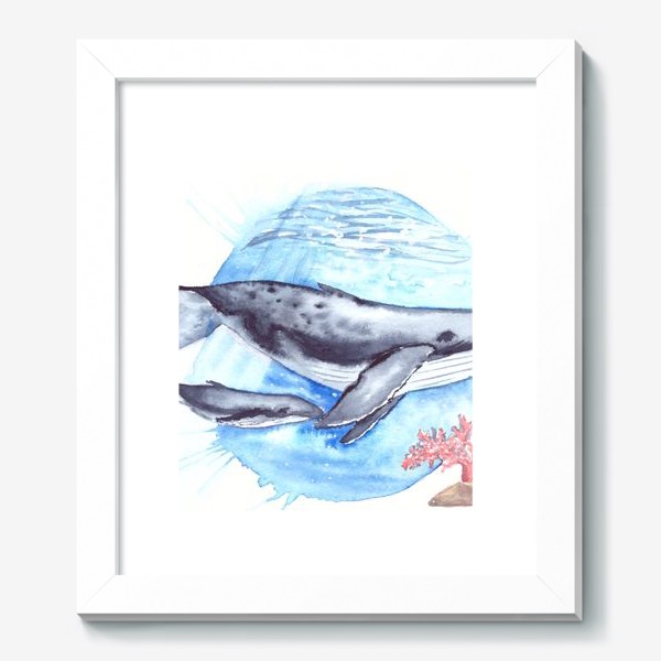 Картина «Кит с китенком на фоне круга море и коралл»