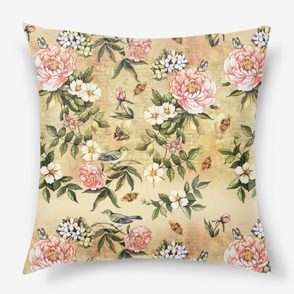 Подушка «Винтажный акварельный орнамент с цветами и птицами»