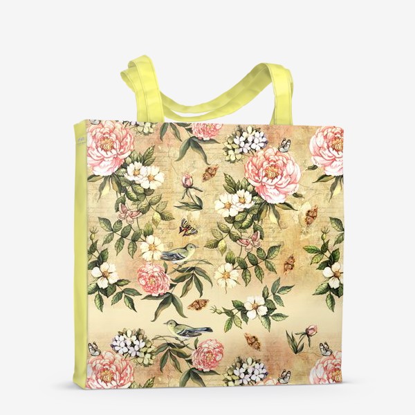 Сумка-шоппер «Винтажный акварельный орнамент с цветами и птицами»