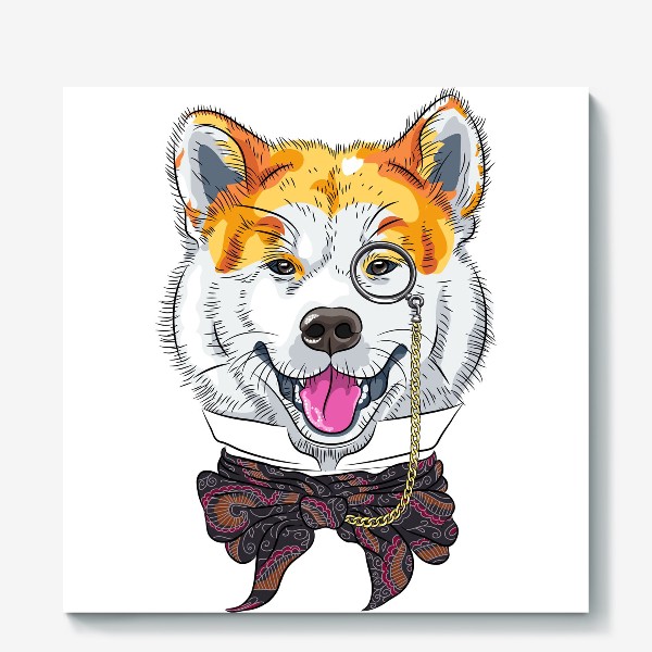 Холст «собака породы Акита Ину с моноклем и в галстуке»
