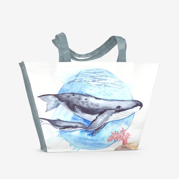 Пляжная сумка &laquo;Кит с китенком на фоне круга море и коралл&raquo;