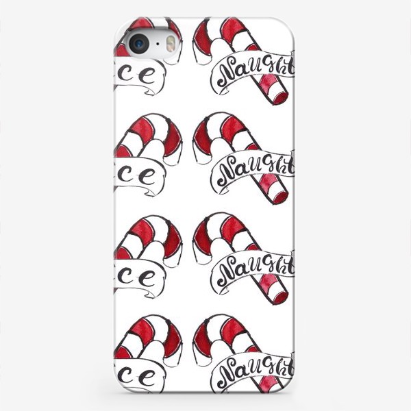 Чехол iPhone «Паттерн Рождественские конфеты-тросточки с надписями "Naughty" и "Nice"»