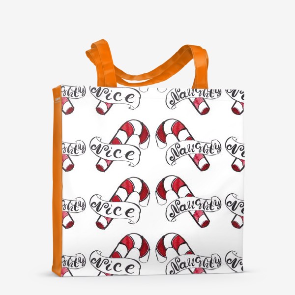 Сумка-шоппер «Паттерн Рождественские конфеты-тросточки с надписями "Naughty" и "Nice"»