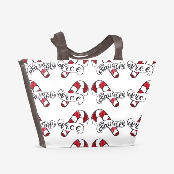 Пляжная сумка «Паттерн Рождественские конфеты-тросточки с надписями "Naughty" и "Nice"»