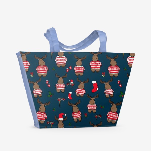 Пляжная сумка «Новогодний паттерн с лосями и снегирями»