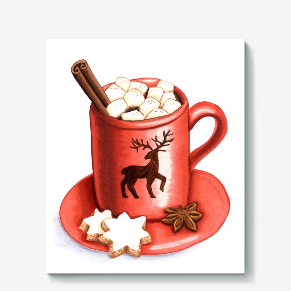 Холст «Красная кружка с какао на новый год»
