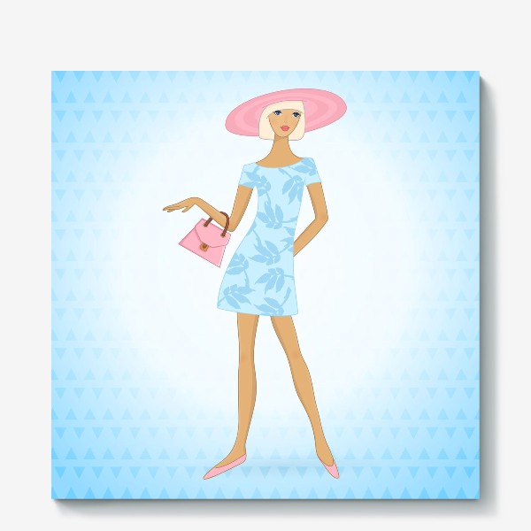 Холст «Девушка в летнем платье, голубое платье, розовая шляпка»