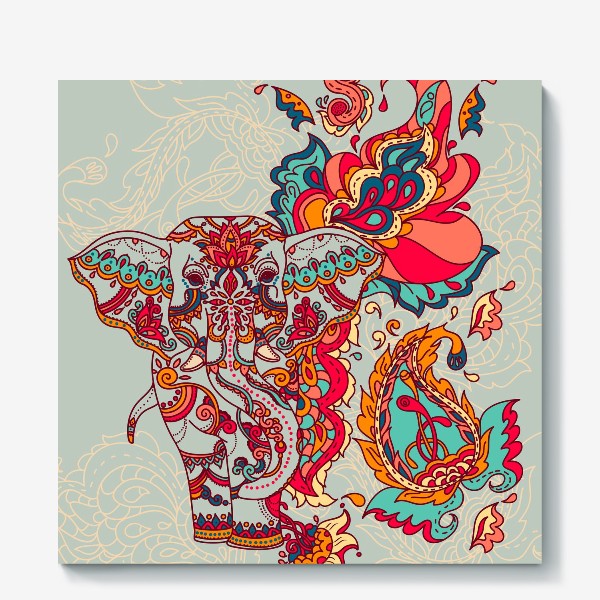 Холст «Индийский слон и яркий орнамент»