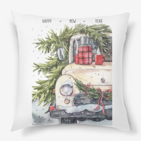 Подушка «Новогодний фургон с елкой и чаем»