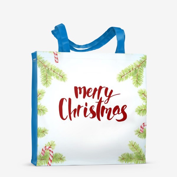 Сумка-шоппер «Надпись Merry Christmas на голубом воне с еловыми ветками по краю.»